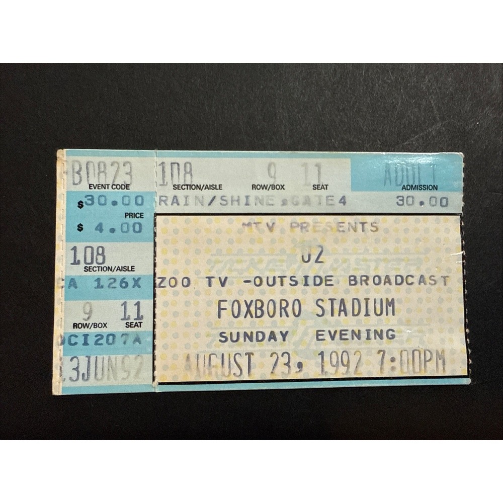 U2 ZOO TV RARE CONCERT TICKET STUB FOXBORO, MA 08/23/92